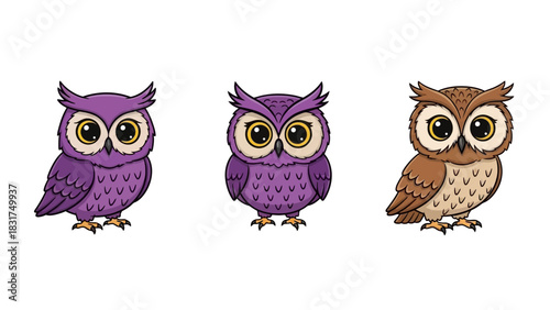 Three cute cartoon owls, two purple and one brown, standing on a white background with big eyes.