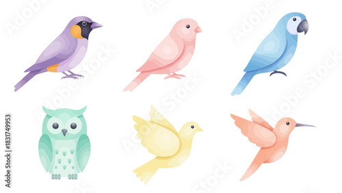 Collection of six watercolor-style birds including an owl, parrot, hummingbird, and other small birds in soft pastel colors.