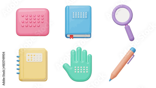 3D rendered icons of office and school supplies including a calendar, notebooks, magnifying glass, hand, and pen on a white background.