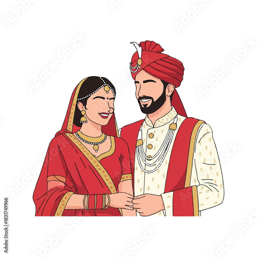 Vibrant flat 2D vector illustration of a traditional Indian wedding couple, adorned in cultural attire and jewelry, standing together for a marriage celebration isolated on white.