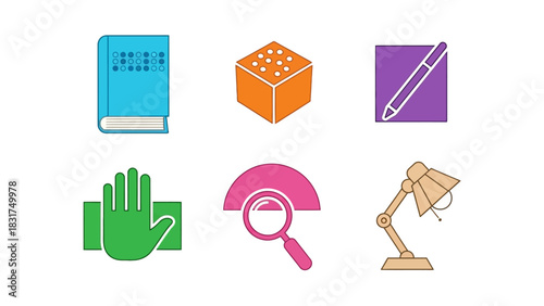 A set of six colorful icons representing accessibility tools, education, and visual aids, including braille, a stylus, a hand, a magnifying glass, and a desk lamp.