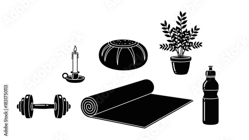 A collection of wellness and fitness items, including a dumbbell, yoga mat, potted plant, candle, and water bottle, on a white background.