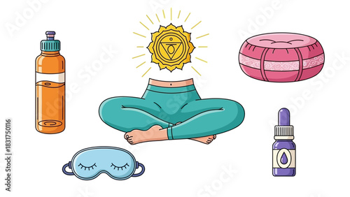 A collection of items for yoga, meditation, and wellness, including a person in a lotus pose with a chakra, a water bottle, a meditation cushion, a sleep mask, and essential oil.