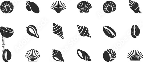 Seashell, Ocean, and Beach Life Glyph Icons Set: Featuring Various Snail and Clam Mollusk Shells, Scallops, and Sea Conch Vector Illustration