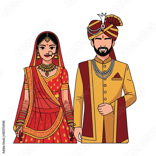 Indian bride and groom standing together in vibrant, festive traditional clothing, depicted as a clean, isolated 2D flat vector illustration on a pure white background.