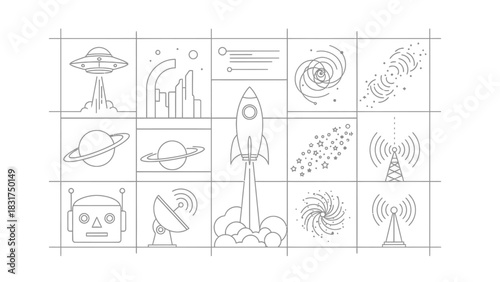 Line art icons depicting space exploration, futuristic technology, and scientific communication concepts in a grid.