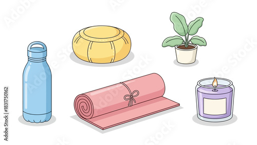 An assortment of objects promoting well-being and comfort, featuring a water bottle, floor cushion, potted plant, exercise mat, and candle.