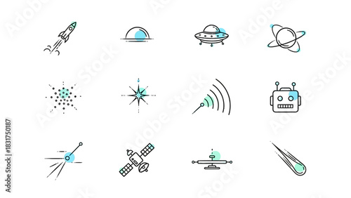 A collection of minimalist line art icons depicting various space, science fiction, and technology elements with teal accents on a white background.