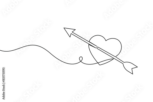 Continuous line drawing of a heart pierced by cupid's arrow, love symbol vector.