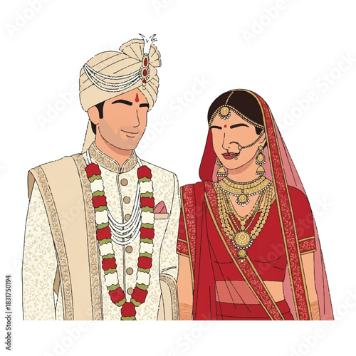 Traditional Indian wedding couple celebrating marriage, beautifully dressed in ceremonial attire, presented as a 2D flat vector illustration on a clean white background.