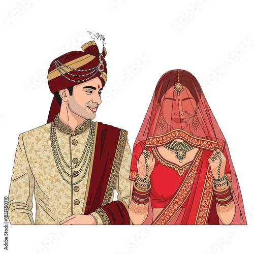 A beautifully dressed Indian wedding couple stands together in traditional ceremonial attire, isolated as a colorful flat 2D vector illustration on a clean white background.