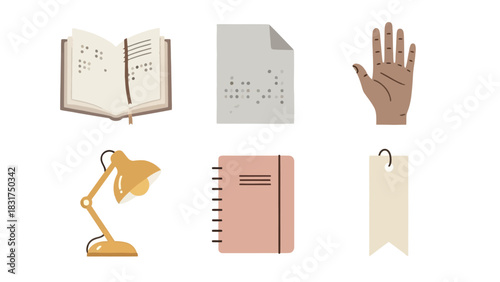 A collection of items related to reading, writing, and accessibility, including braille book, paper, hand, lamp, notebook, and bookmark.