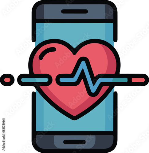 Smartphone screen showing a vibrant heart and pulse line vector for digital health tracking and wellness.