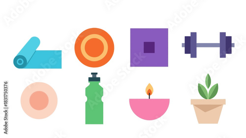 Collection of flat design fitness, yoga, and wellness items including a rolled mat, dumbbell, water bottle, meditation cushion, yoga block, candle, and potted plant.