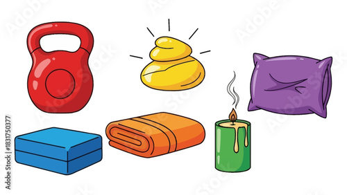 A colorful cartoon set of various lifestyle items for fitness and relaxation, including a kettlebell, pillow, and golden poop.