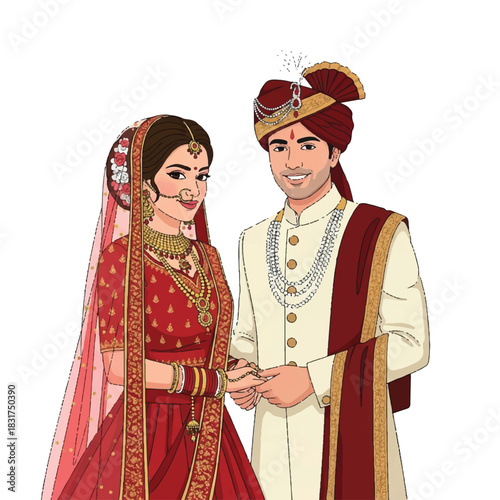 Happy Indian wedding couple stands proudly in traditional attire, including colorful sari and sherwani, depicted in a modern flat vector illustration on a clean white background.