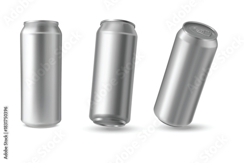 A set of closed aluminum beverage cans, from different sides.