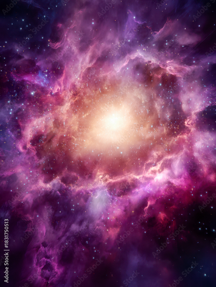 Fototapeta premium Vast cosmic cloud of swirling purple and pink gas illuminated by radiant light at the center with sparkling stars scattered in deep space background
