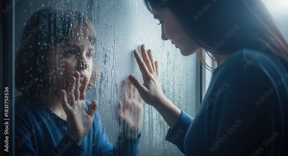 Naklejka premium Mother and child separated by rainy window touching hands on glass. Poignant moment of connection, love, and support during isolation