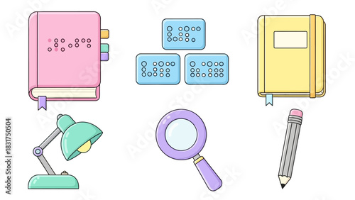 Illustration of study and reading tools, including a Braille book, notebook, lamp, magnifying glass, and pencil.