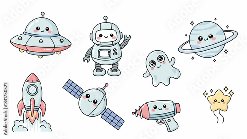 A cute collection of kawaii space-themed cartoon illustrations, including a UFO, robot, rocket, and planet.