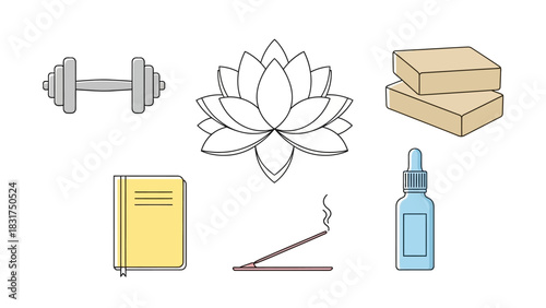 Wellness icons: dumbbell, lotus flower, soaps, notebook, incense, and essential oil.