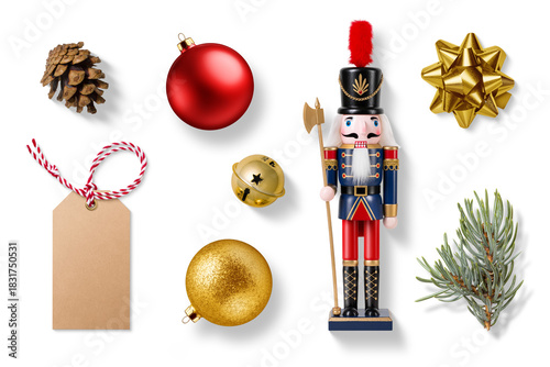 Collection of Christmas-themed elements on a transparent background, featuring Nutcracker, jingle bell, blank gift tag, spruce branch, pine cone, gold and red bauble and gift bow. PNG High resolution.