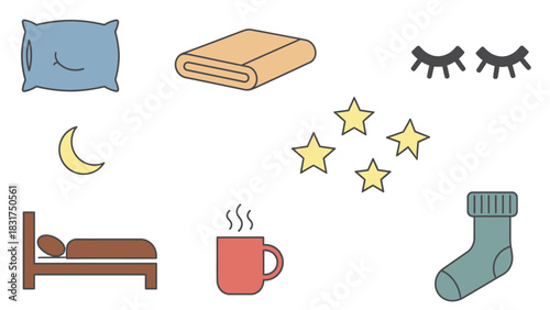 Collection of sleep and comfort related icons including pillow, blanket, bed, moon, stars, hot drink, and sock.