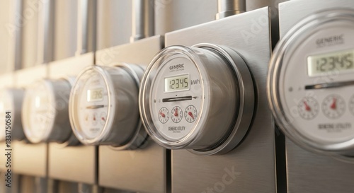 Modern digital smart electric meter showing kilowatt-hour consumption in a row of utility measurement devices with a shallow depth of field and warm, soft lighting