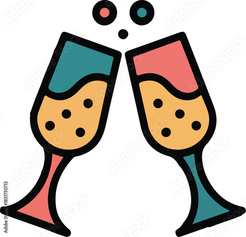 Two colorful vector champagne glasses clinking together celebrating an event with effervescent bubbles