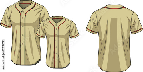 Baseball jersey sketch, short sleeve design, red piping detail, button-down front, front and back view, sportswear fashion illustration