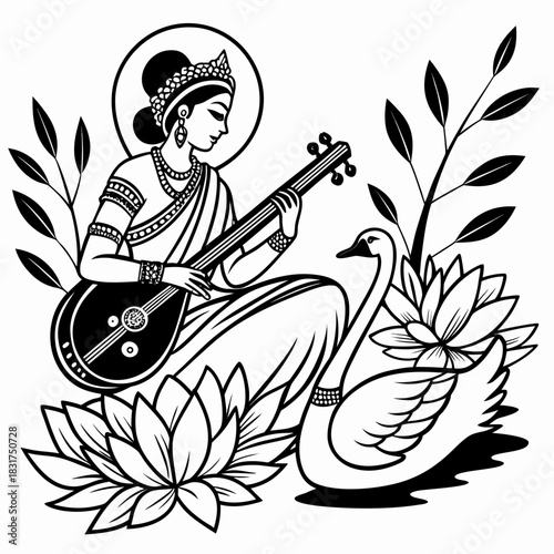 A graceful woman sitting on a lotus while playing a stringed instrument. She is dressed in traditional attire with detailed jewelry, and a swan stands nearby among leaves. The style is elegant.