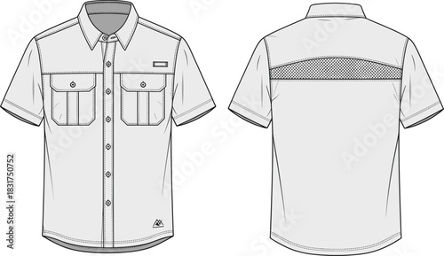 Button-up shirt sketch, short sleeve design, chest pockets, mesh back panel, front and back view, technical fashion illustration