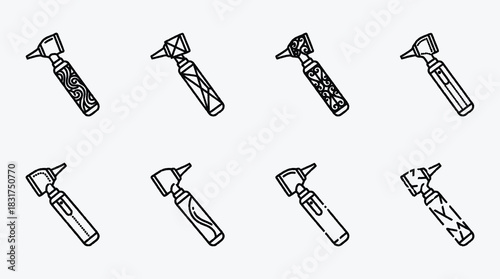 Collection of Otoscope Illustrations with Decorative Patterned Handles in Outline Style
