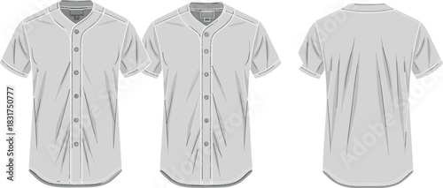 Baseball jersey sketch, short sleeve design, V-neck collar, button-down front, seam detailing, front and back view, fashion illustration