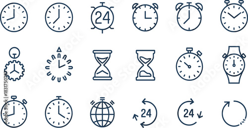 Time, Clock, and Stopwatch Sketchy Line Icons Set: Featuring Alarm, Hourglass, Wristwatch, 24 Hour Service, and Time Management Vector Illustration