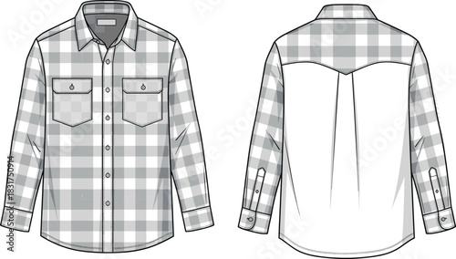 Plaid shirt sketch, long sleeve design, button-down front, chest pockets, back yoke detail, front and back view, technical fashion illustration