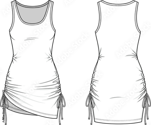 Ruched dress sketch, sleeveless design, scoop neckline, asymmetrical front hem, adjustable drawstring sides, front and back view, fashion illustration