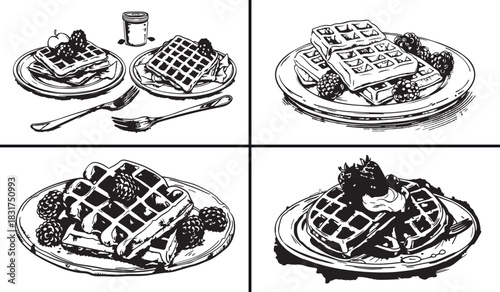 Waffle illustration set, breakfast food vector, sweet dessert clipart, bakery artwork design, hand drawn waffle drawing, maple syrup pancake art, delicious breakfast doodle, tasty bakery item, brunch 