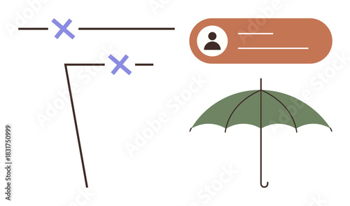 User profile in rectangle, green umbrella, intersecting lines with blue marks. Ideal for security, safety, privacy, insurance, user protection, support systems simple flat metaphor