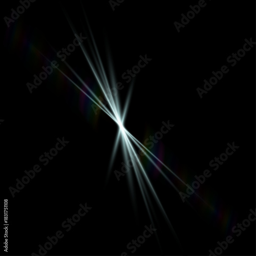 Elegant sharp star with fewer, narrow elongated rays and subtle rainbow light effects on a black background. Refined glowing design suitable for modern light overlays.
