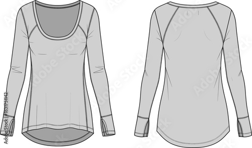 Women’s top sketch, long sleeve design, scoop neckline, high-low hemline, raglan sleeve, front and back view, technical fashion illustration