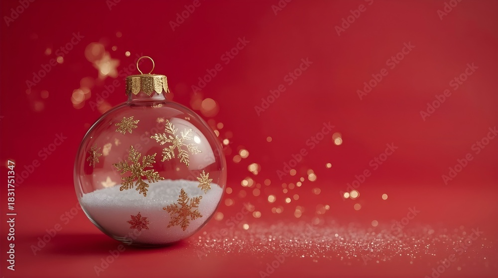 Fototapeta premium A minimalist Christmas and New Year greeting card featuring a clear glass ornament with a golden top. Inside the ornament, there's a small drift of white snow.