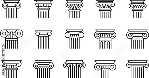 Classical Architectural Column and Pillar Line Icons Set: Featuring Doric, Ionic, Corinthian, and Greek Capital Designs Vector Illustration