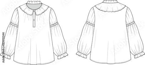 Women’s blouse sketch, ruffled neckline design, puff sleeve with gathered cuffs, partial button placket, front and back view, fashion illustration