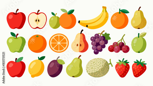 This colorful illustration displays a diverse collection of fresh fruits (including apples, oranges, bananas, pears, and strawberries) in whole and sliced forms