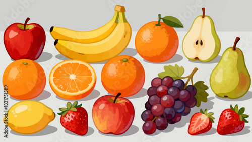 This colorful illustration displays a diverse collection of fresh fruits (including apples, oranges, bananas, pears, and strawberries) in whole and sliced forms