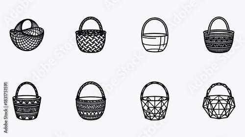 Hand Drawn Collection of Baskets Various Styles for Decoration and Storage