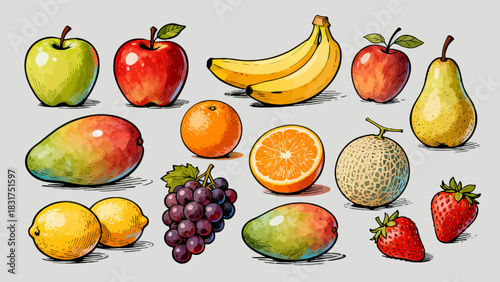 This colorful illustration displays a diverse collection of fresh fruits (including apples, oranges, bananas, pears, and strawberries) in whole and sliced forms