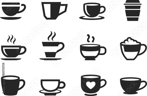 Wallpaper Mural Coffee, Tea, and Hot Beverage Cups Glyph Icons Set: Featuring Steaming Mug, Takeaway Cup, Espresso, Cappuccino, and Heart Vector Illustration Torontodigital.ca